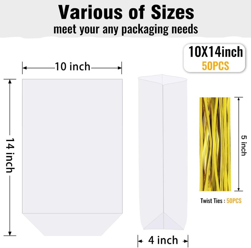 ZIMCEMS 50Pcs 10X14 inch Bottom Gusset Bags Clear Cellophane Gift Wrap Bags Basket Wrapping Plastic Large Cello Bags for Party Favors Treats Mug with 5" Twist Ties - Image 2